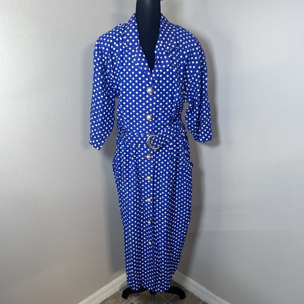 Vitage Polka Dot Dress Womens 20W‎ Blue Pearl Button Front 3/4 Sleeve Belt USA